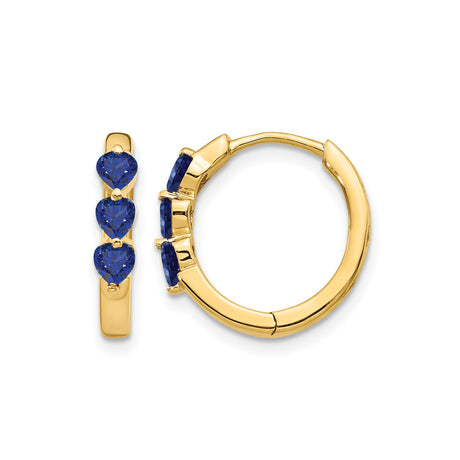 14k Yellow Gold Hoop Earrings with Created Sapphire Heart Gemstones, Modern Lightweight Design