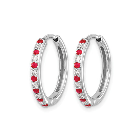 14k White Gold Hoop Earrings with Ruby and Diamond Accents, Classic Round Style