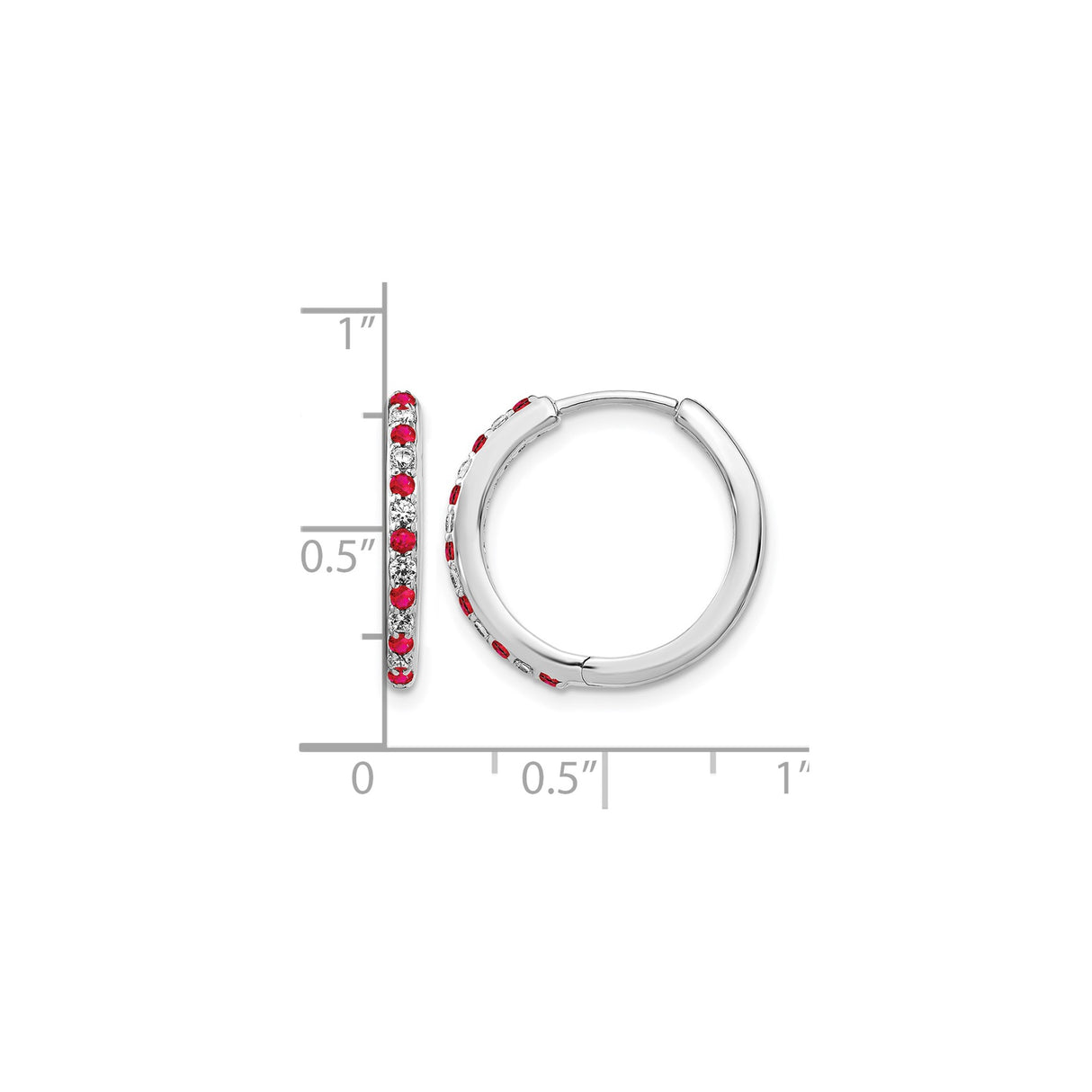 14k White Gold Hoop Earrings with Ruby and Diamond Accents, Classic Round Style