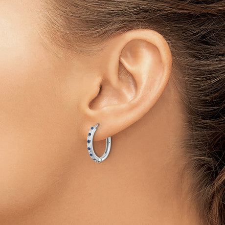 14k White Gold Hoop Earrings with Blue Sapphires and White Diamonds, Classic Formal Style
