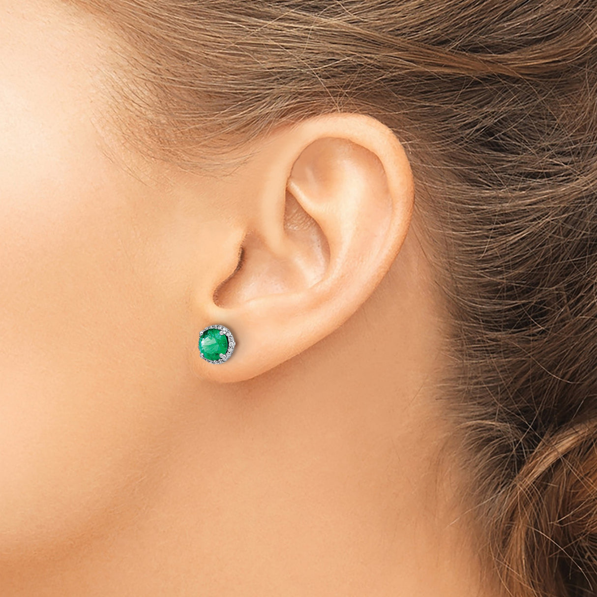 14k White Gold Emerald Stud Earrings with Diamond Halo for Women