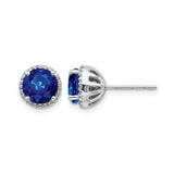 14k White Gold Stud Earrings with Round Sapphire and Diamond Halo