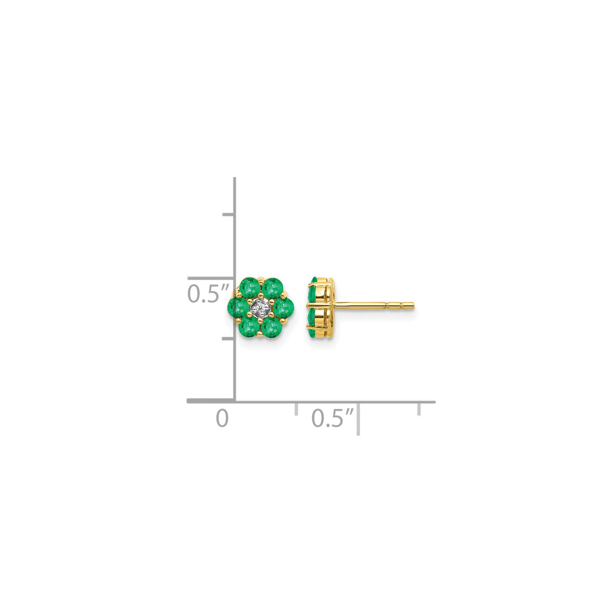 10k Yellow Gold Floral Stud Earrings with Emerald and Diamond, Nature-Inspired Design for Women