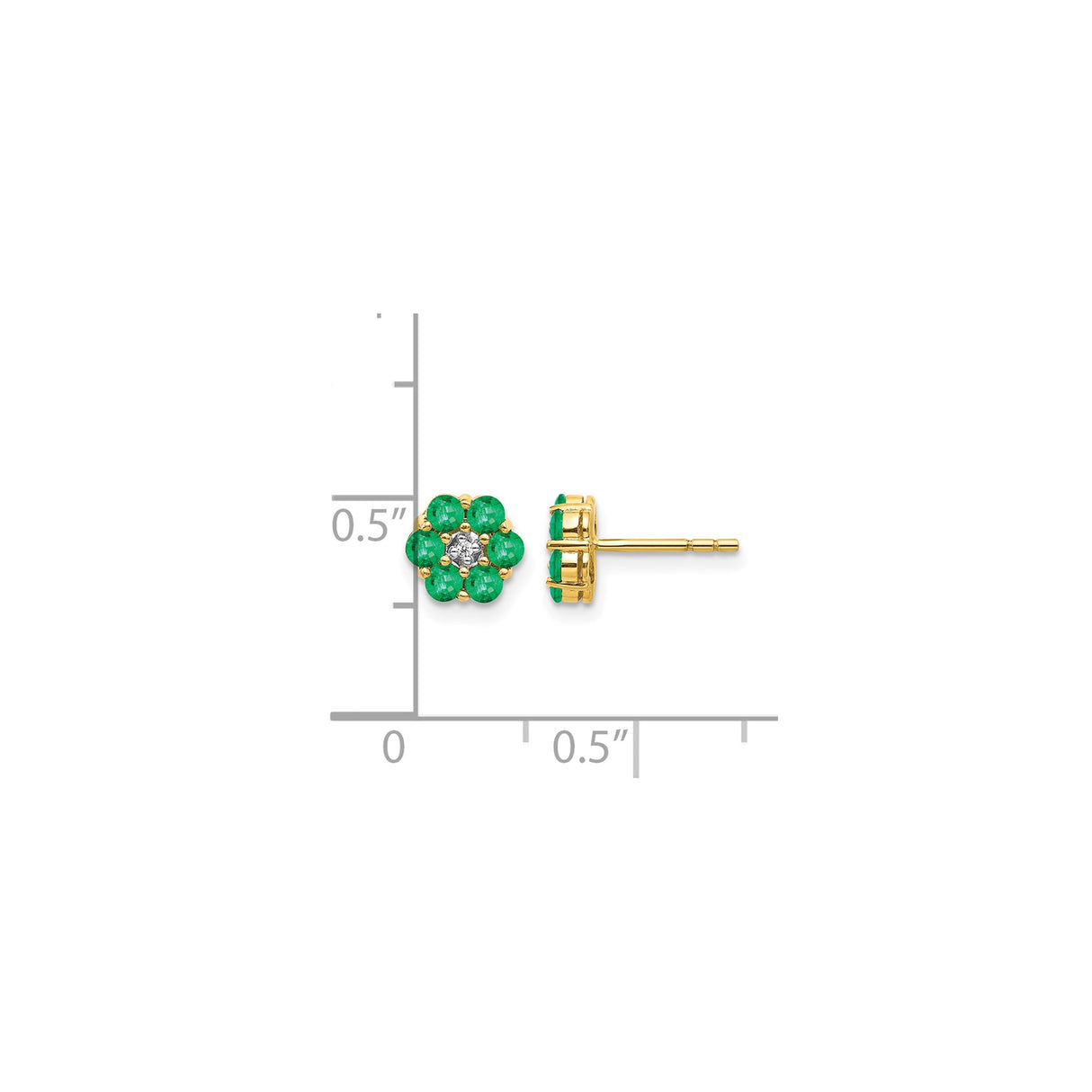 14k Yellow Gold Floral Stud Earrings with Emerald and Diamond Two-Tone Design for Women
