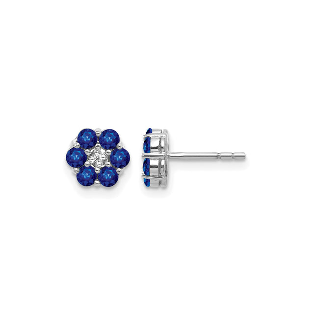 14k White Gold Floral Stud Earrings with Sapphire and Diamond Cluster Design