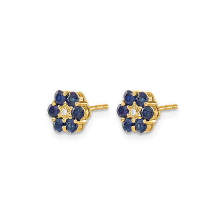 14k Yellow Gold Flower Stud Earrings with Sapphire and Diamond, Two Tone Rhodium Design