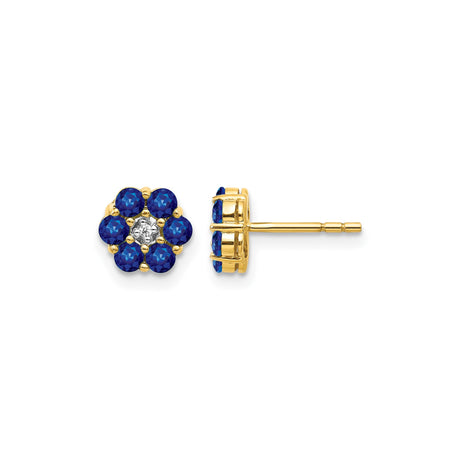 14k Yellow Gold Flower Stud Earrings with Sapphire and Diamond, Two Tone Rhodium Design