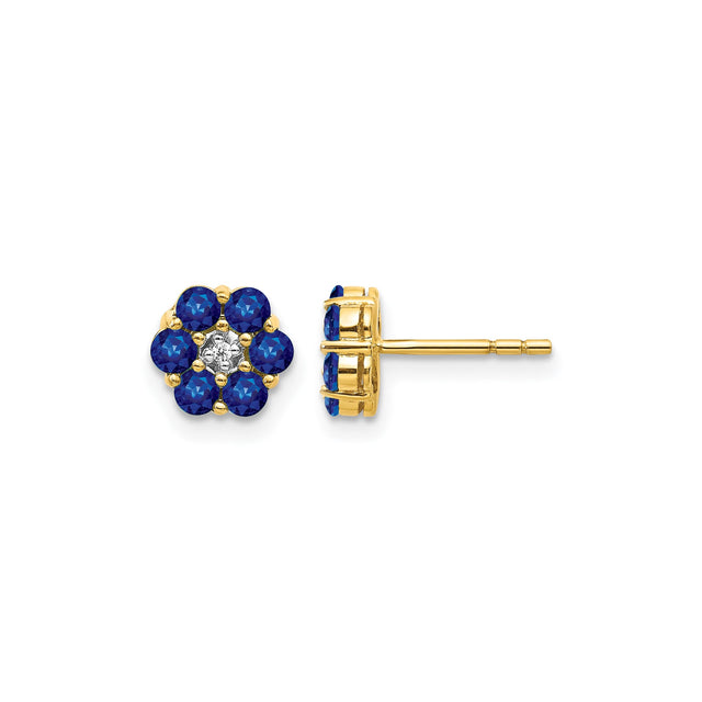14k Yellow Gold Flower Stud Earrings with Sapphire and Diamond, Two Tone Rhodium Design