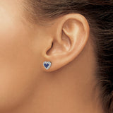 14k White Gold Heart Shaped Stud Earrings with Blue Sapphires and Diamond Halo