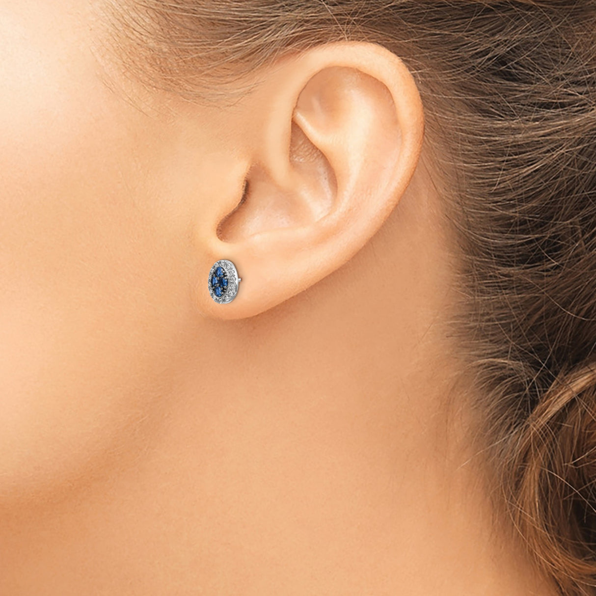 14k White Gold Stud Earrings with Blue Sapphires and Diamond Halo Cluster