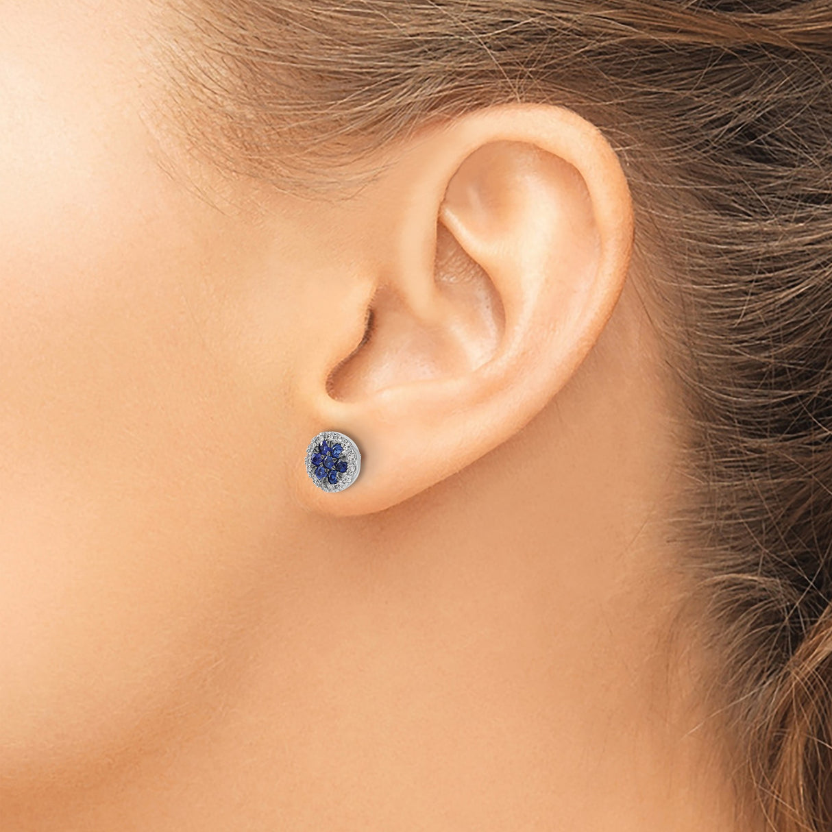 14k White Gold Stud Earrings with Blue Sapphires and Diamonds, Floral Halo Design
