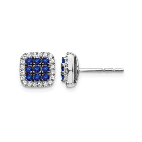 14k White Gold Stud Earrings with Blue Sapphire and Diamond Halo Design
