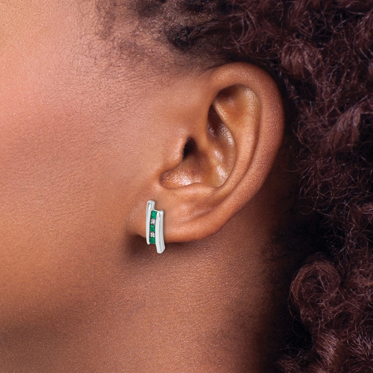 14k White Gold Stud Earrings with Square Cut Emeralds and Diamond Accents, Polished Finish