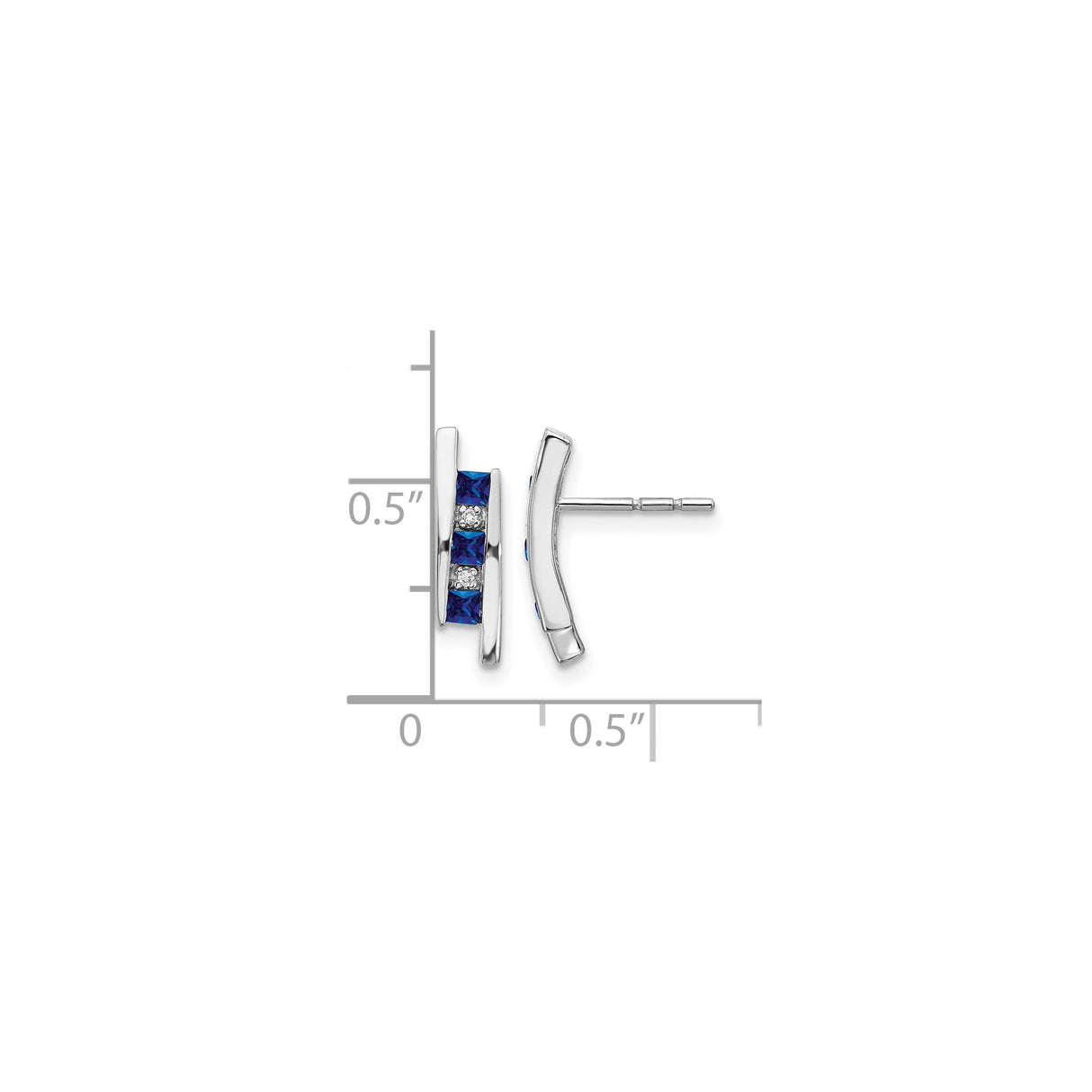 14k White Gold Curved Bar Stud Earrings with Blue Sapphires and Diamonds