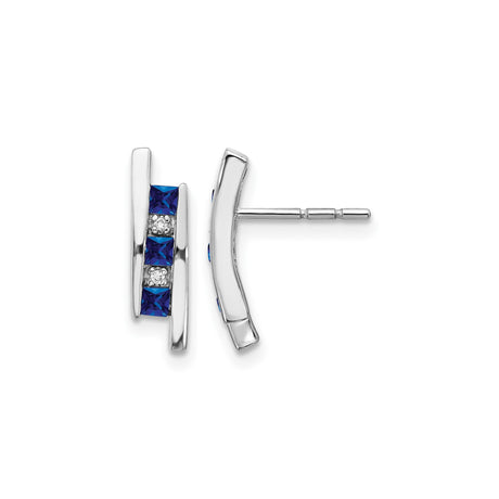 14k White Gold Curved Bar Stud Earrings with Blue Sapphires and Diamonds