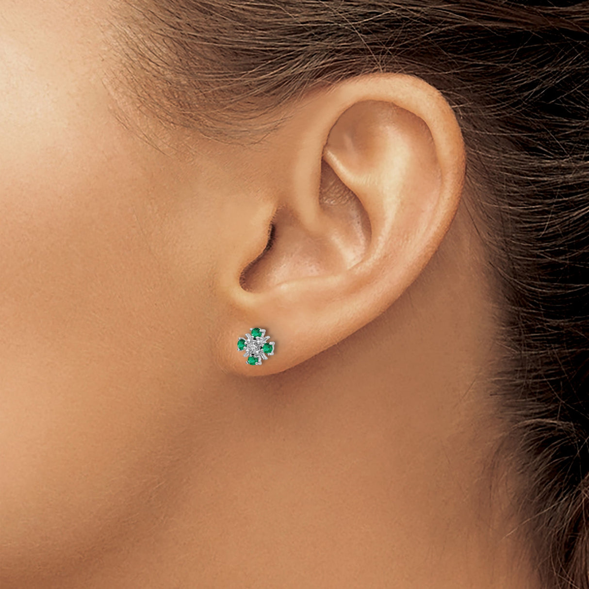 14k White Gold Stud Earrings with Green Emeralds and Diamonds, Floral Cluster Design