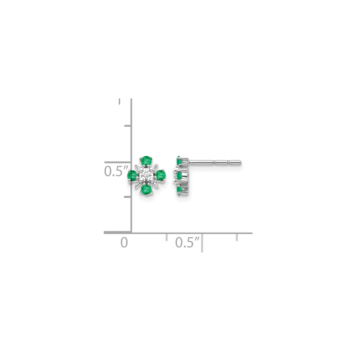 14k White Gold Stud Earrings with Green Emeralds and Diamonds, Floral Cluster Design