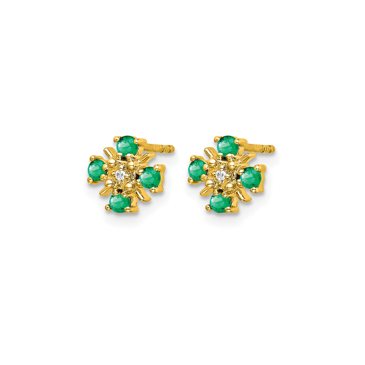 14k Yellow Gold Stud Earrings with Emerald Cluster and Diamond Center, Floral Motif