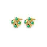 14k Yellow Gold Stud Earrings with Emerald Cluster and Diamond Center, Floral Motif
