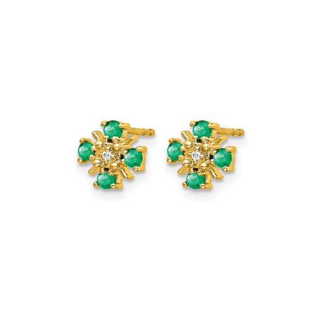 14k Yellow Gold Stud Earrings with Emerald Cluster and Diamond Center, Floral Motif