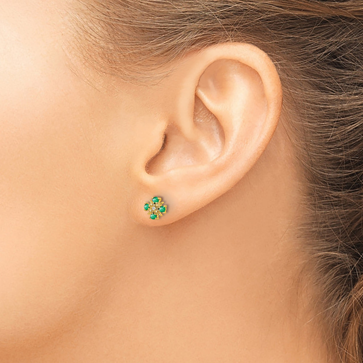 14k Yellow Gold Stud Earrings with Emerald Cluster and Diamond Center, Floral Motif