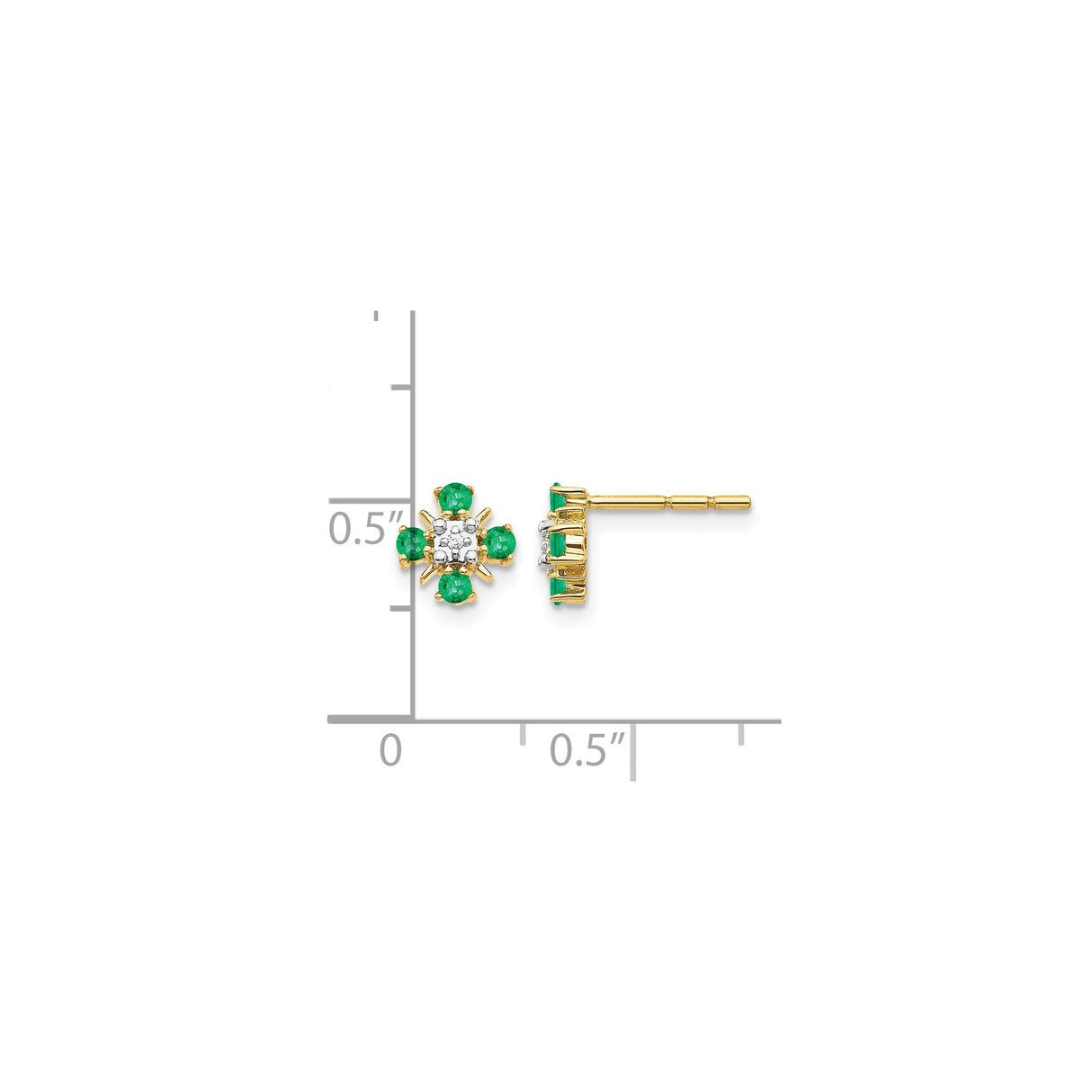 14k Yellow Gold Stud Earrings with Emerald Cluster and Diamond Center, Floral Motif