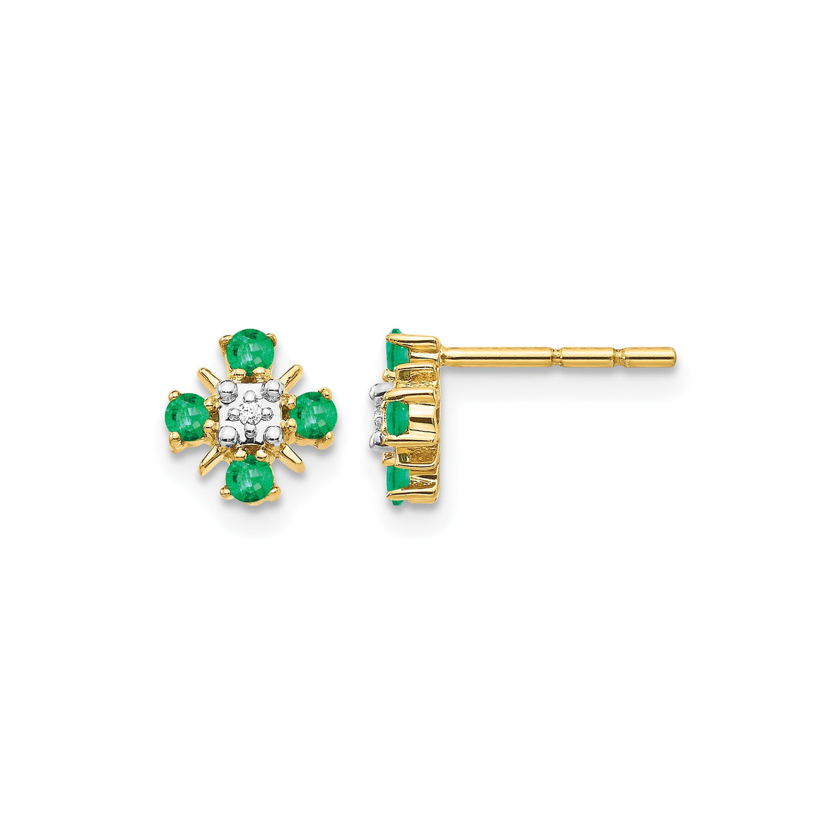 14k Yellow Gold Stud Earrings with Emerald Cluster and Diamond Center, Floral Motif
