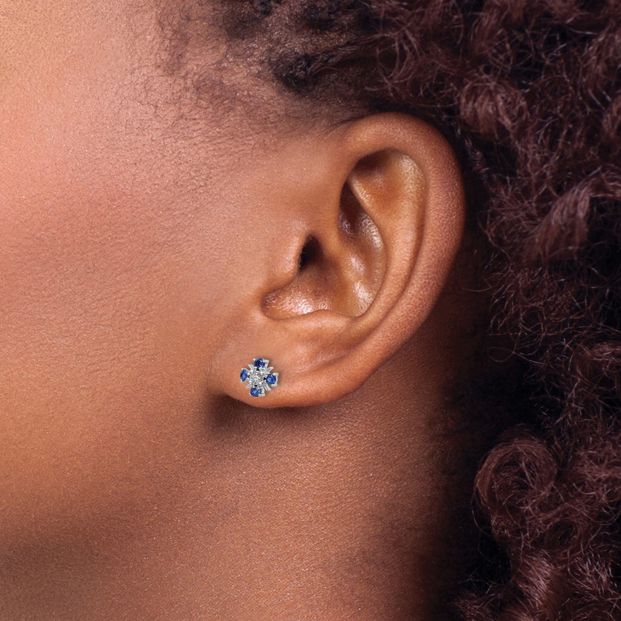 14k White Gold Stud Earrings with Blue Sapphires and Diamond Accent, Floral Cluster Design