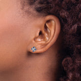 14k White Gold Stud Earrings with Blue Sapphires and Diamond Accent, Floral Cluster Design