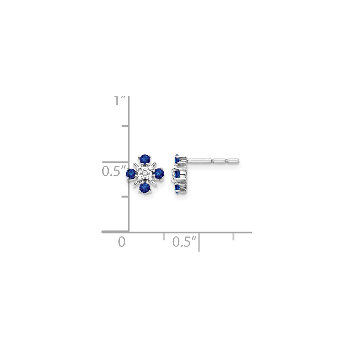 14k White Gold Stud Earrings with Blue Sapphires and Diamond Accent, Floral Cluster Design