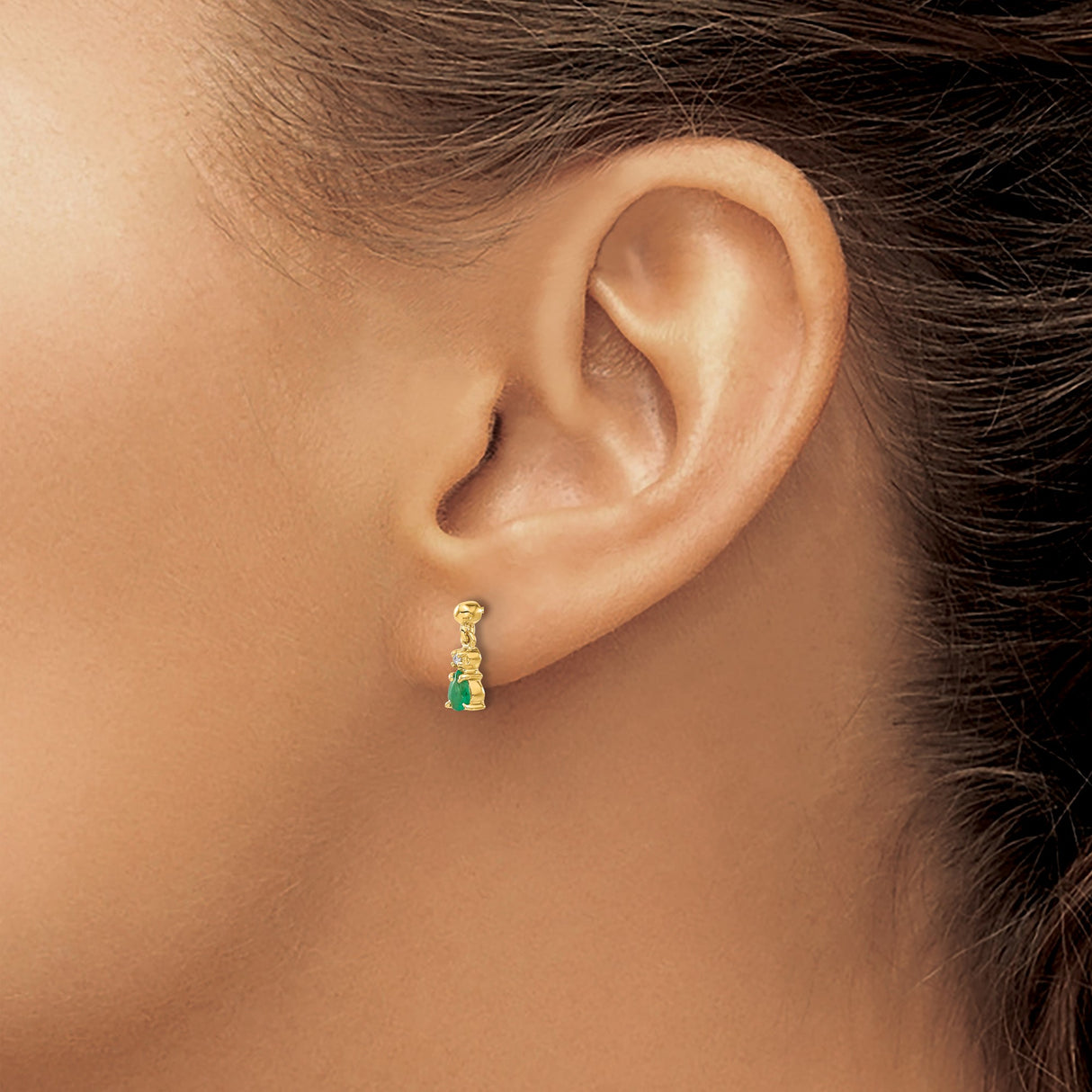 14k Yellow Gold Dangle Earrings with Pear Shaped Emeralds and Diamond Accents