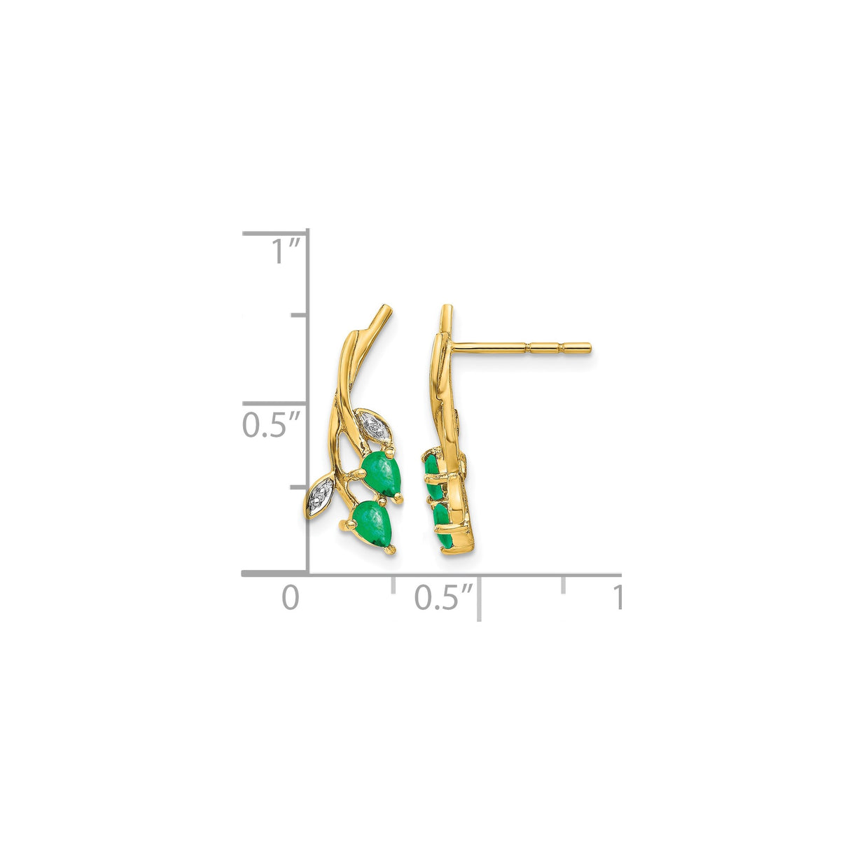 14k Yellow Gold Stud Earrings with Pear Cut Emeralds and Marquise Diamonds, Vine Leaf Design