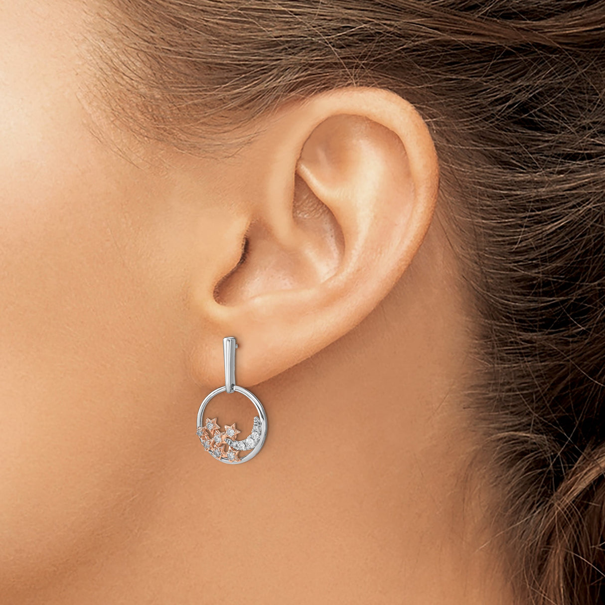 14k Yellow Gold Crescent Moon and Star Cluster Diamond Earrings, Celestial Studs for Women