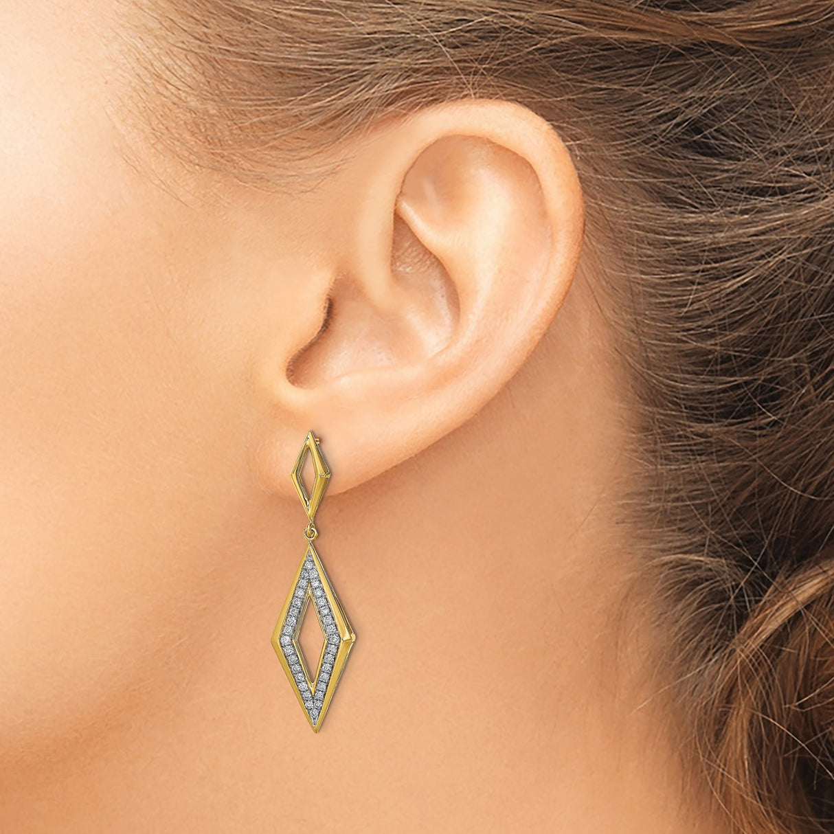 14k Yellow Gold Dangle Earrings with Diamond Accents, Elongated Openwork Geometric Design