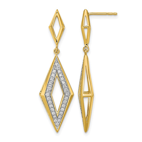 14k Yellow Gold Dangle Earrings with Diamond Accents, Elongated Openwork Geometric Design