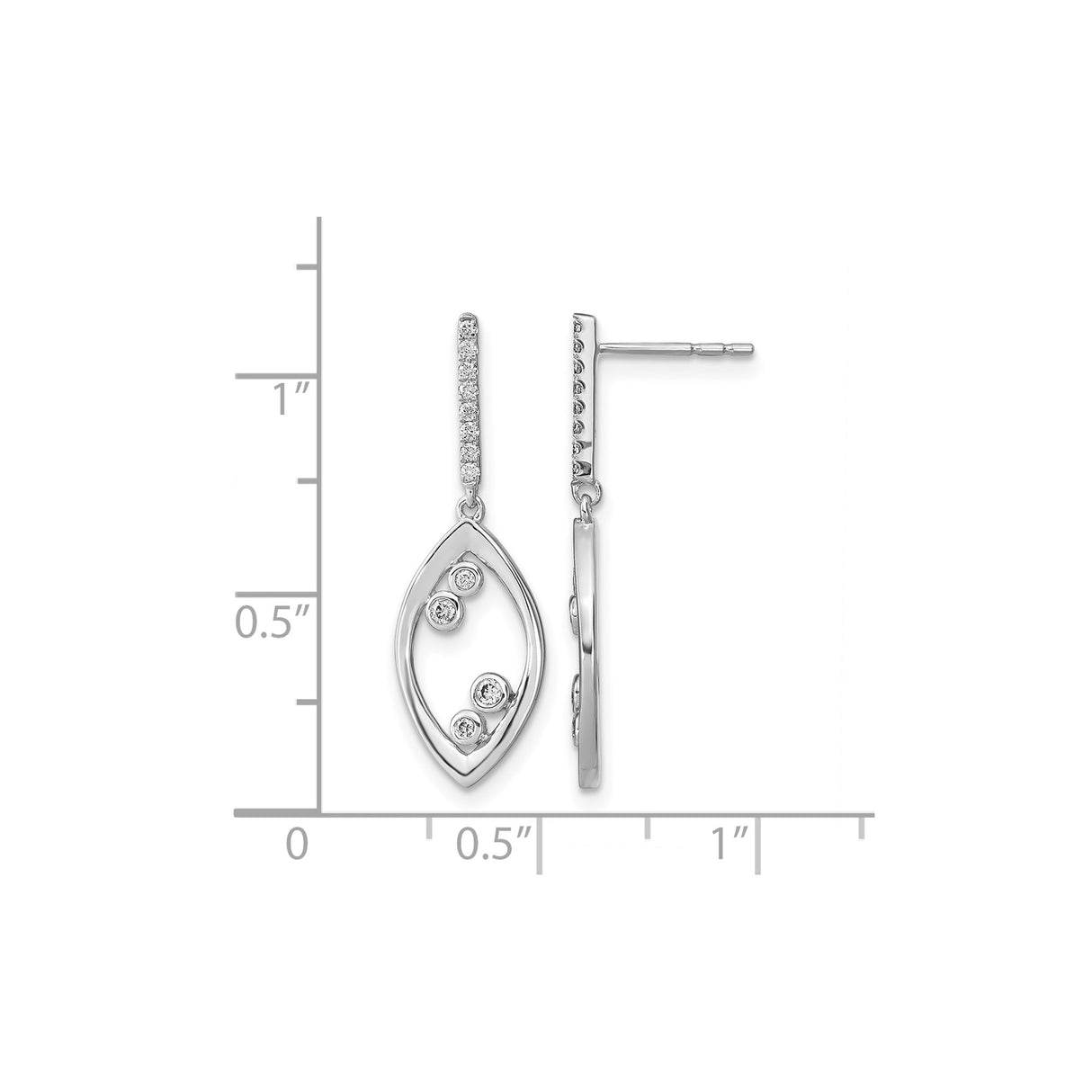 14k White Gold Dangle Earrings with Bezel and Pavé Diamond Accents, Marquise Drop Design