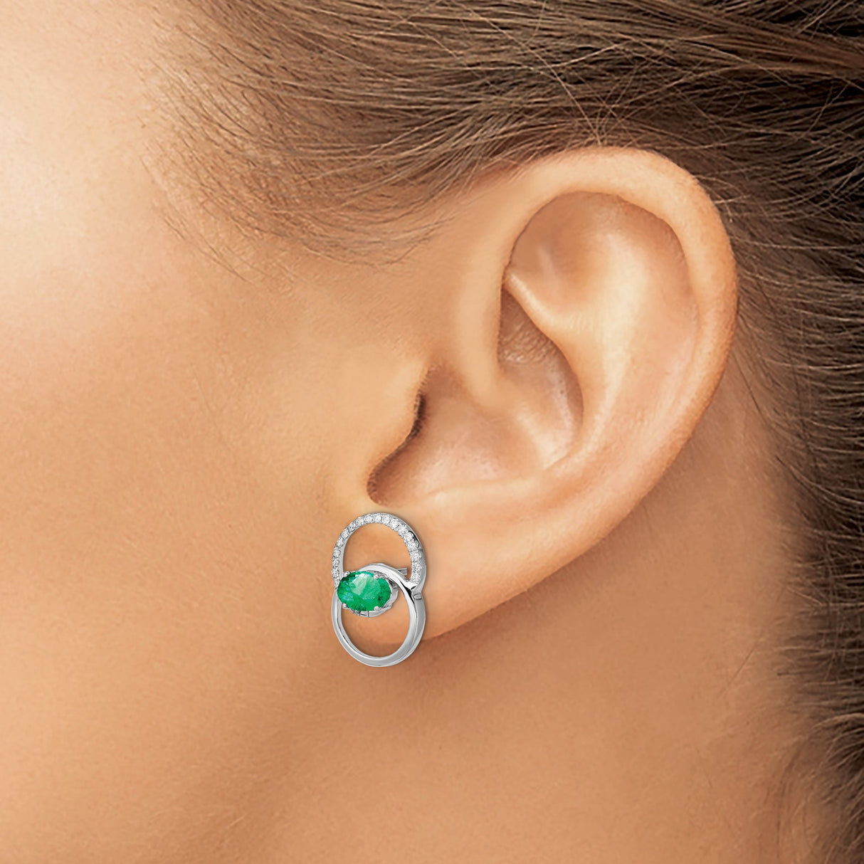 14k White Gold Stud Earrings with Green Emeralds and Diamond Accents in Interlocking Circles