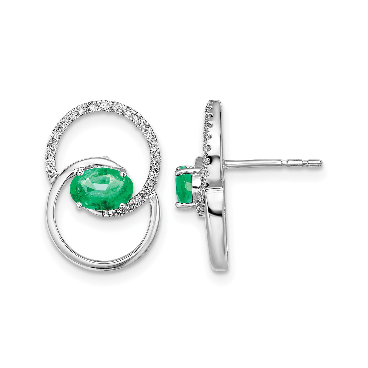 14k White Gold Stud Earrings with Green Emeralds and Diamond Accents in Interlocking Circles
