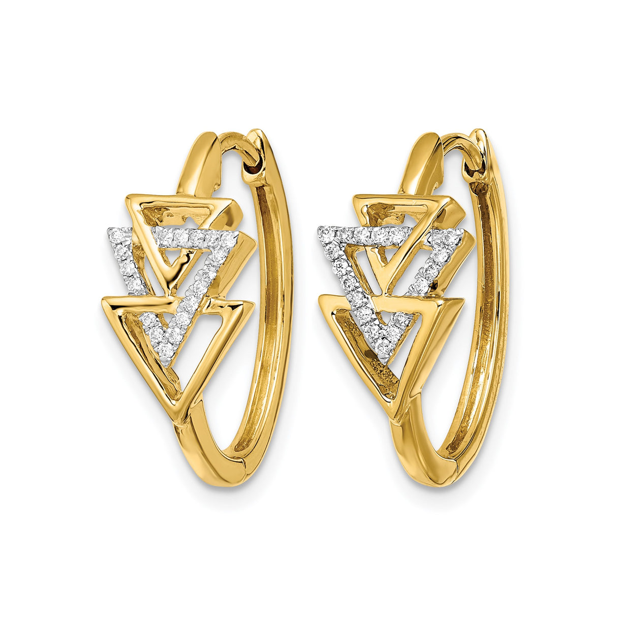 14k Yellow Gold Hoop Earrings with Diamond Pavé, Interlocking Triangle Design, Geometric Style