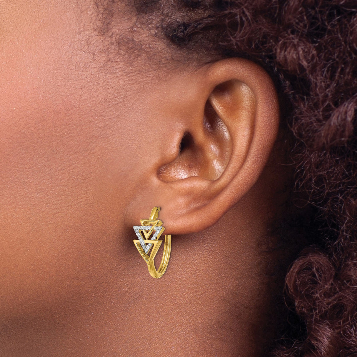 14k Yellow Gold Hoop Earrings with Diamond Pavé, Interlocking Triangle Design, Geometric Style