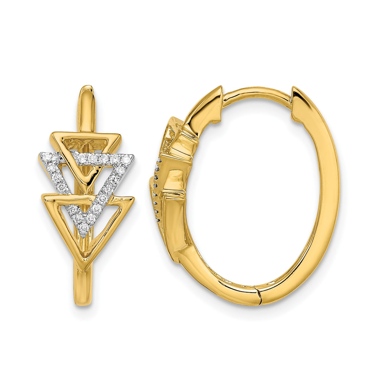 14k Yellow Gold Hoop Earrings with Diamond Pavé, Interlocking Triangle Design, Geometric Style