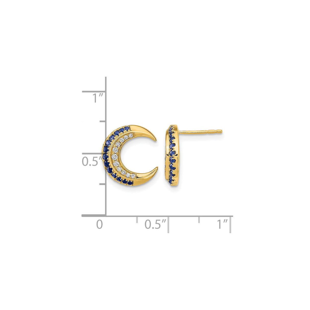 14k Yellow Gold Crescent Moon Stud Earrings with Sapphire and Diamond, Celestial Boho Jewelry