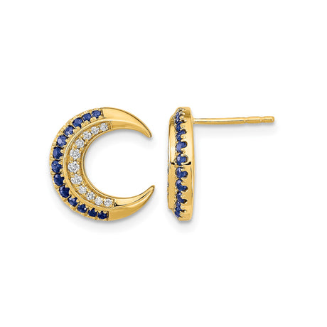 14k Yellow Gold Crescent Moon Stud Earrings with Sapphire and Diamond, Celestial Boho Jewelry