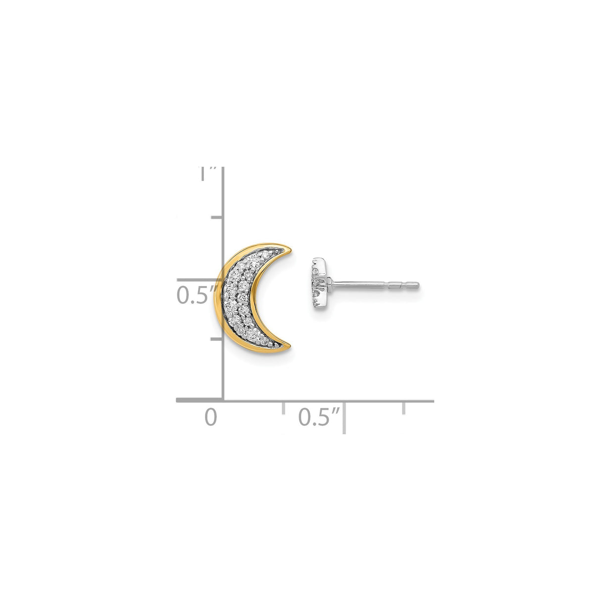 14k Yellow Gold Crescent Moon Stud Earrings with Cubic Zirconia, Two-Tone Celestial Design