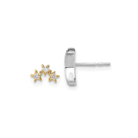 14k Yellow Gold Stud Earrings with Diamond, Two Tone Crescent Moon Celestial Style