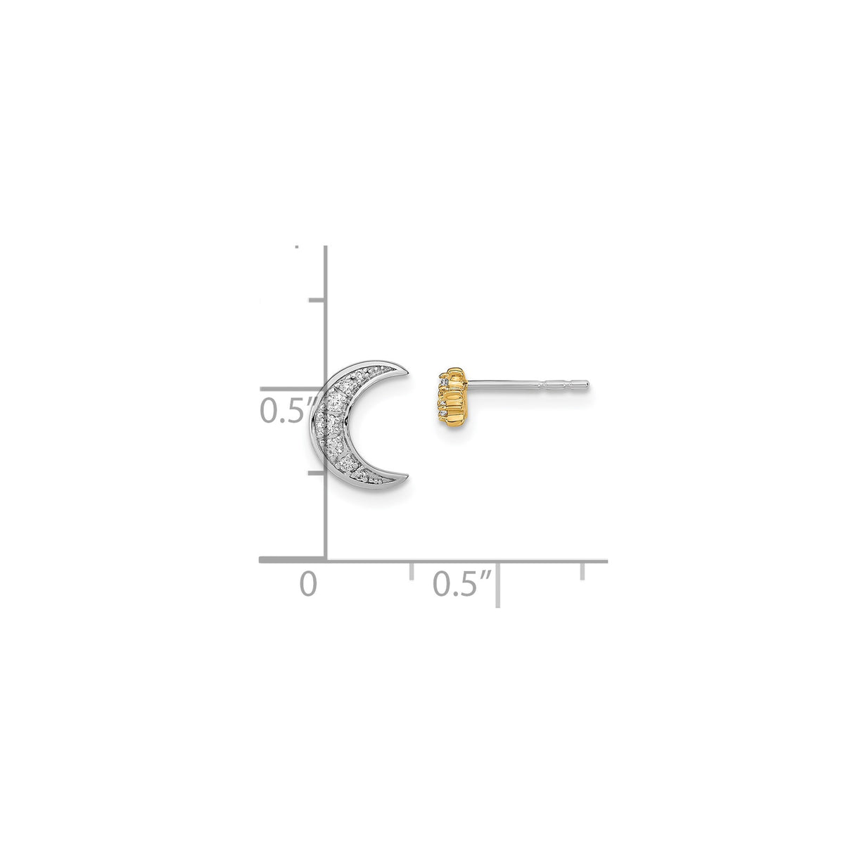14k Yellow Gold Stud Earrings with Diamond, Two Tone Crescent Moon Celestial Style