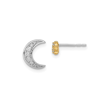14k Yellow Gold Stud Earrings with Diamond, Two Tone Crescent Moon Celestial Style