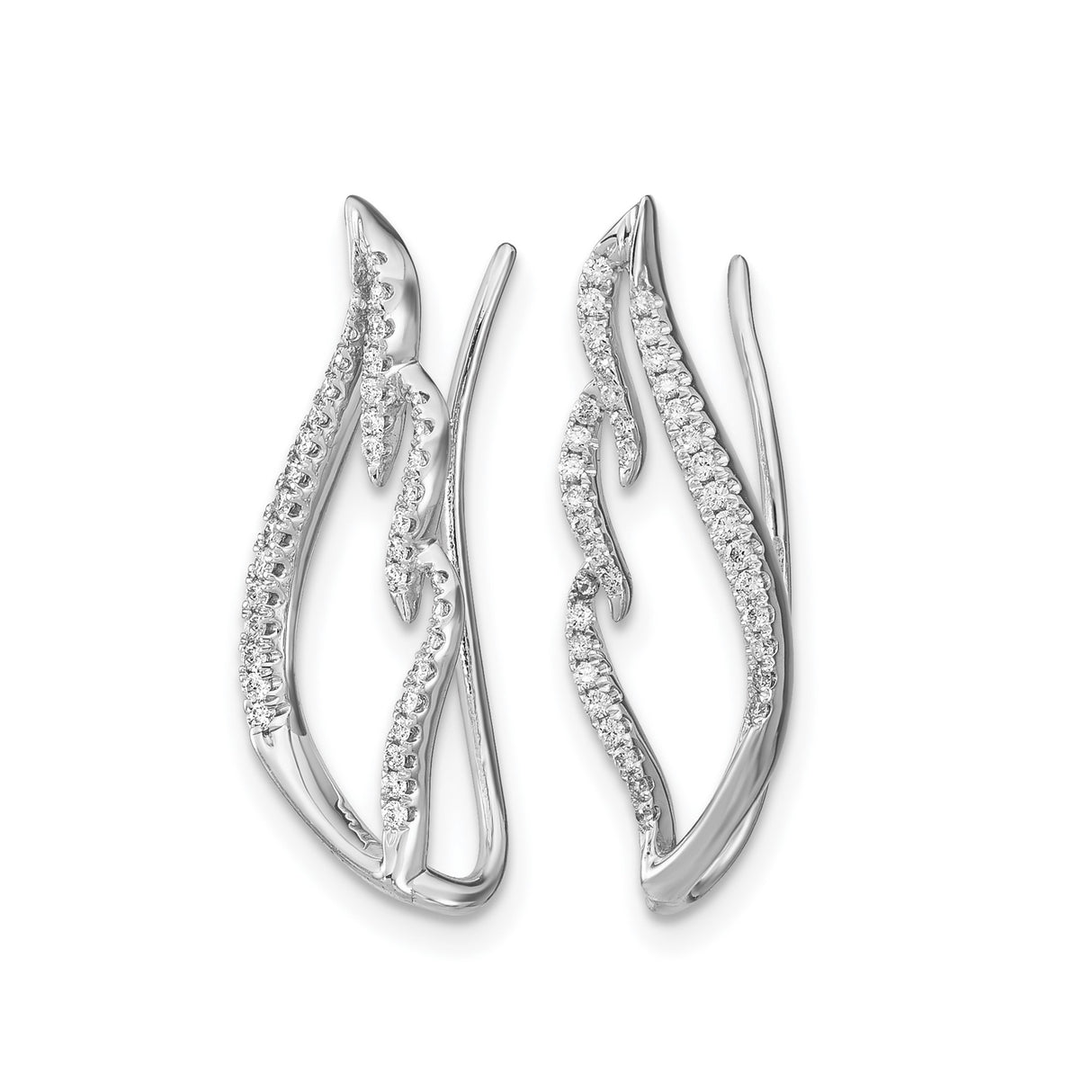 14k White Gold Earrings with Diamonds, Flame Design Climbers, Abstract Contemporary Style