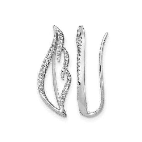 14k White Gold Earrings with Diamonds, Flame Design Climbers, Abstract Contemporary Style