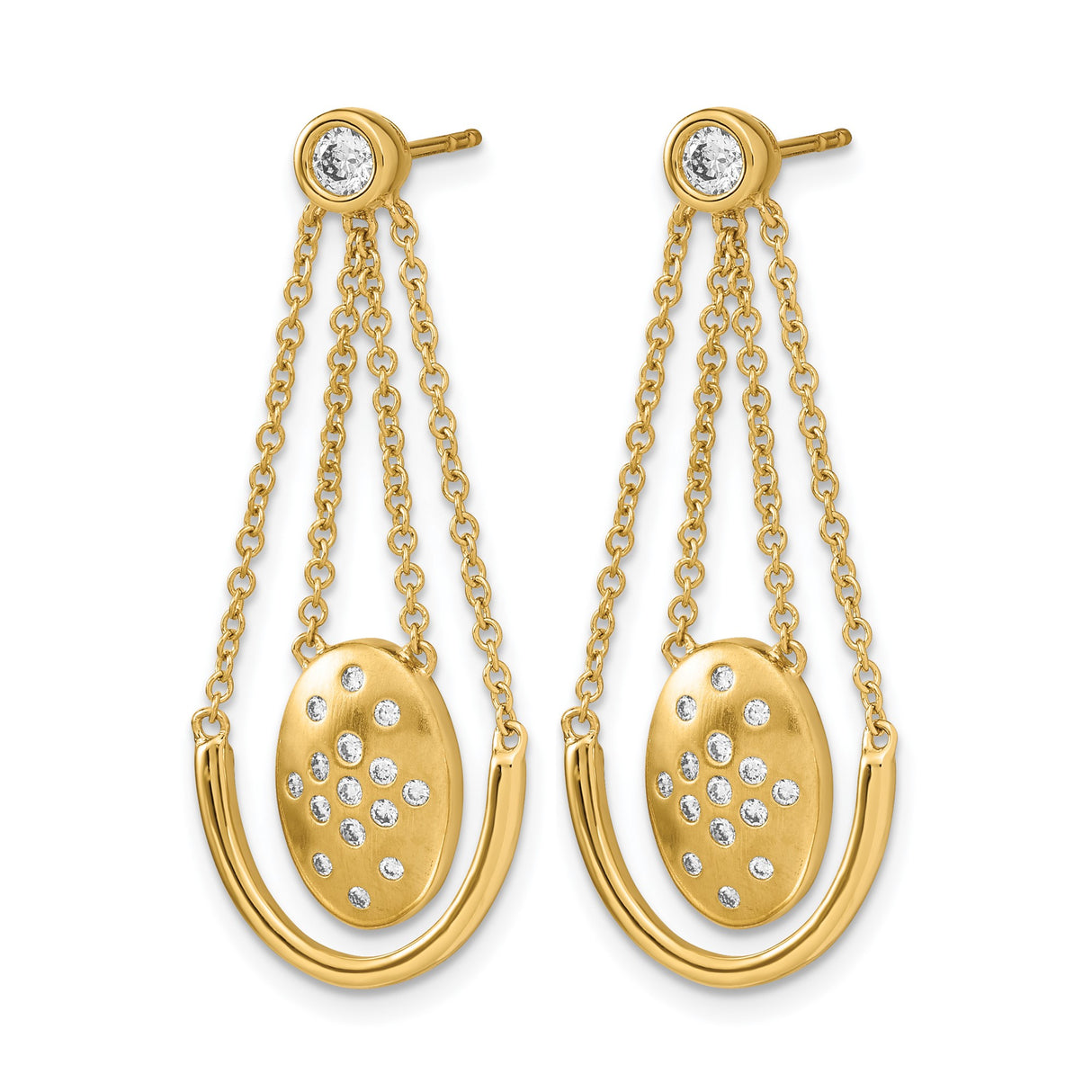 14k Yellow Gold Drop Earrings with Cubic Zirconia, Multi-Chain Dangle and Oval Horseshoe Design